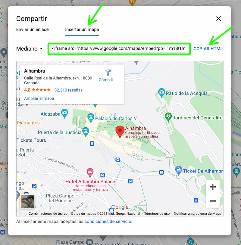 Copiar el código HTML para el iframe que permite insertar el mapa de google