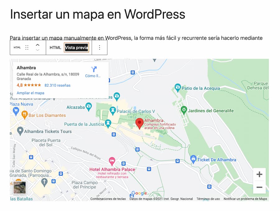 Mapa de google previsualizado en el editor de WordPress