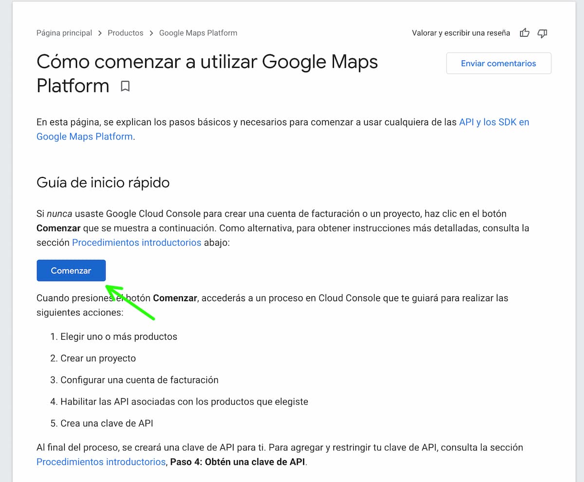 Acceso desde la ayuda de Google Maps Platform