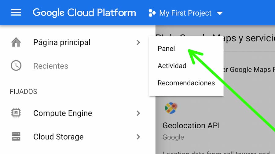 Acceso al panel de la API de Google Maps