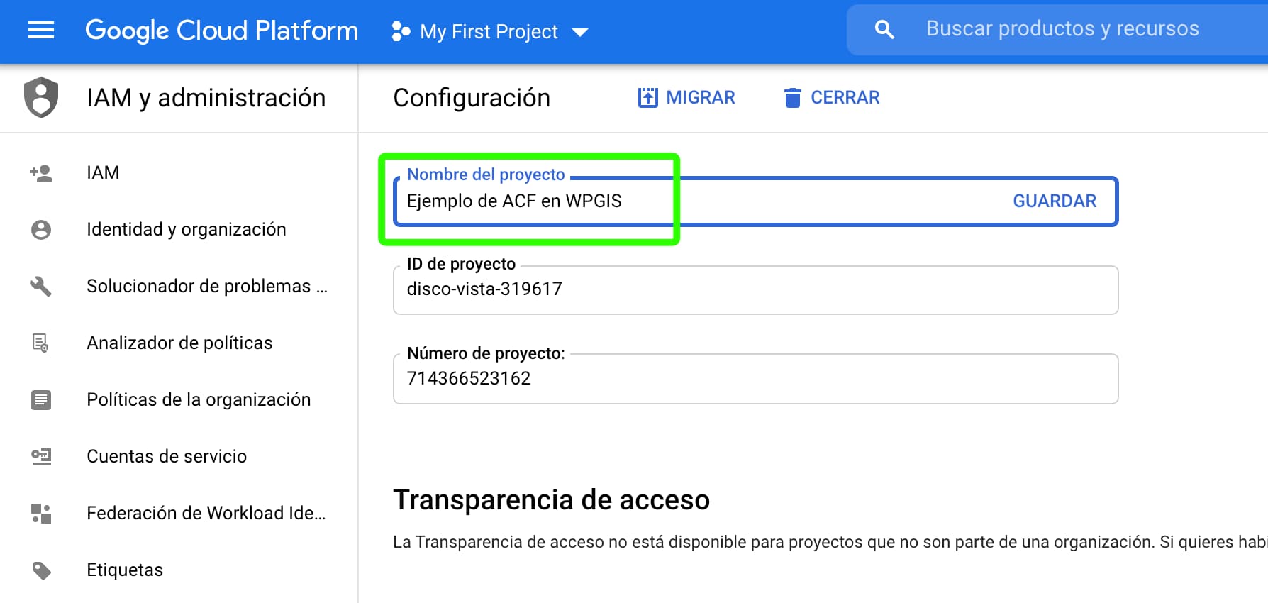 Cambio del nombre del proyecto