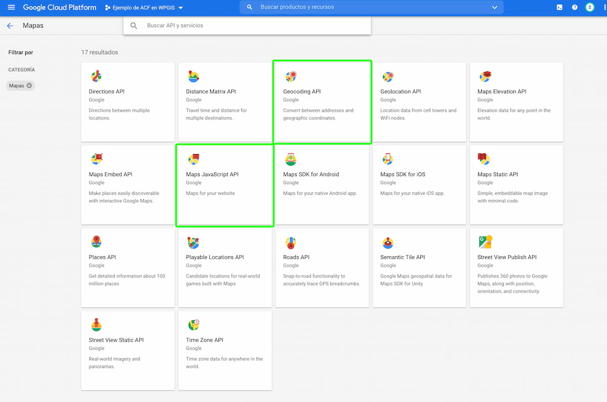 Selección de las diferentes APIs dentro de google maps