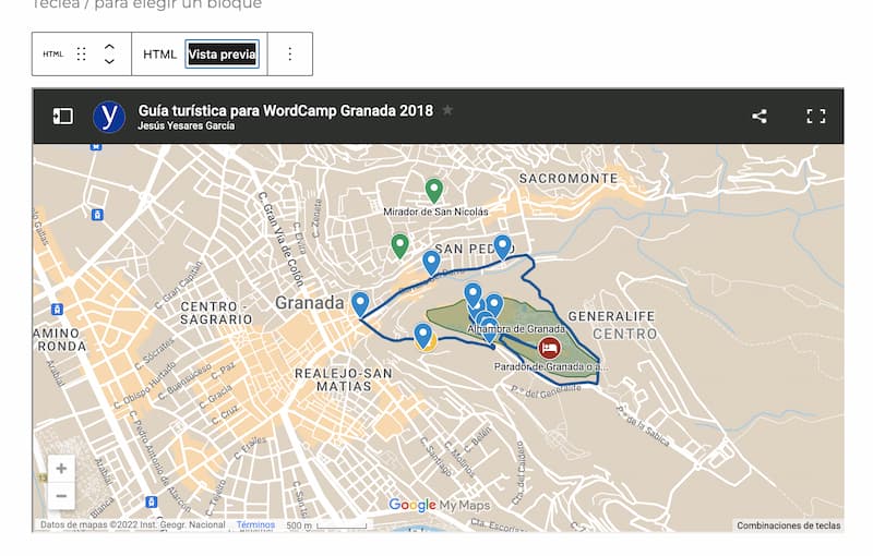 Previsualización del mapa a partir del código insertado en el bloque HTML