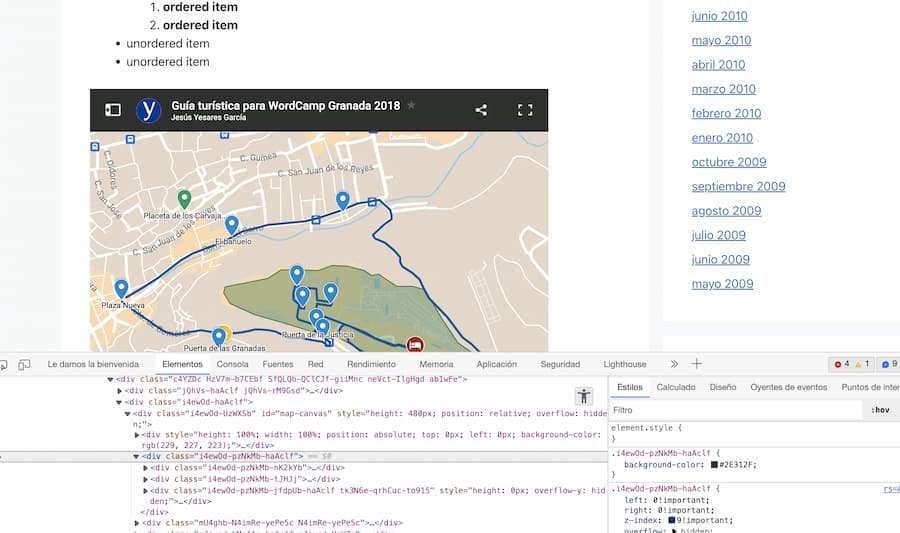 Cómo detectar la clase que corresponde a la barra superior del mapa de Google My Maps con la inspección de elementos del navegador.