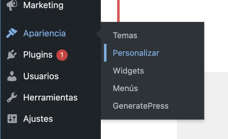 Apariencia > Personalizar en el Admin de WordPress